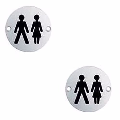 Loops 2 Pack Unisex Bathroom Door Symbol Signs in Silver Satin Anodised Aluminium, 76mm Diameter