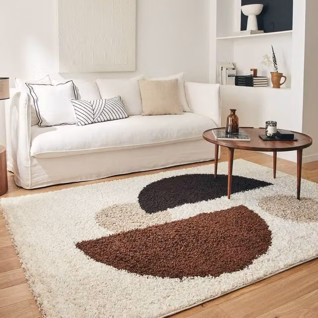 Sweek Shaggy Indoor Rug with Geometric Circular Patterns in Beige, Brown and Black, W: 160 cm, D: 230 cm