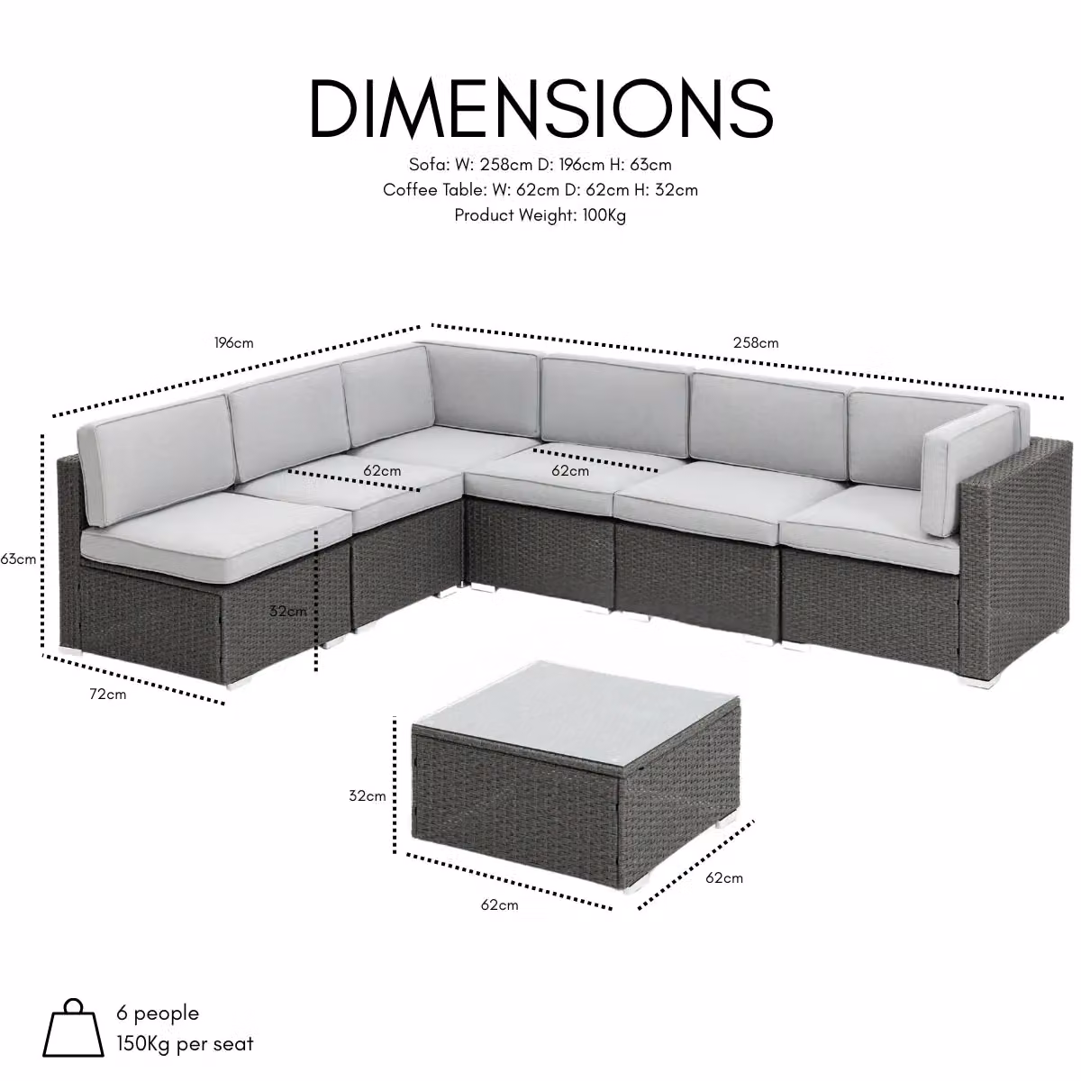 Home Detail Pisa Grey Modular Rattan Garden Sofa Set with Grey Cushions W: 258 cm, D: 196 cm, H: 63 cm – 2