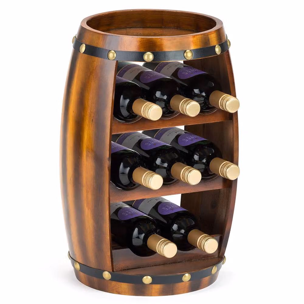 Christow Barrel Wine Rack, Brown Wooden Free Standing 8 Bottle Holder with Shelf, Height: 50 cm – 2