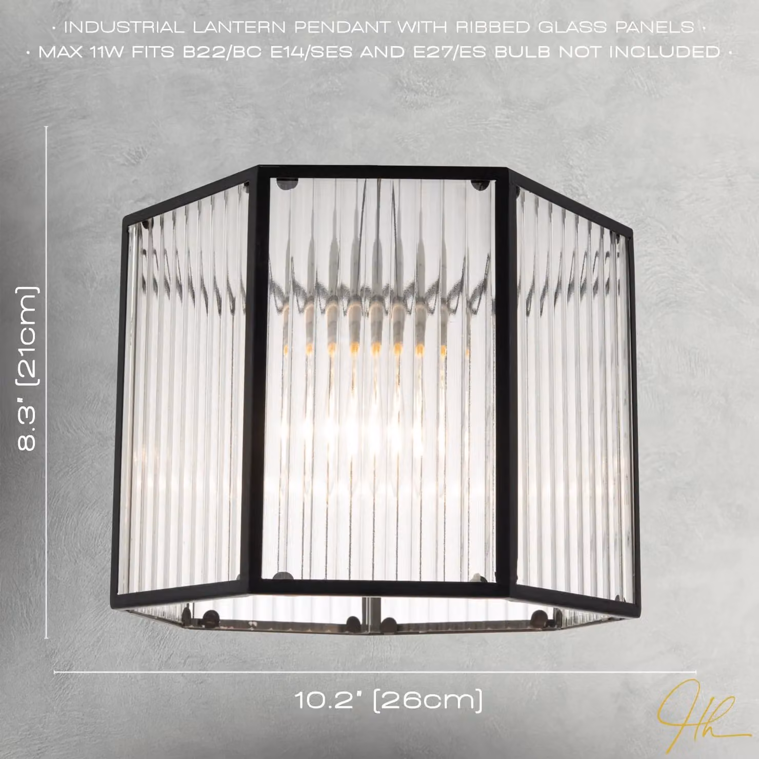 Happy Homewares Vintage Industrial Lantern Pendant Shade in Black with Transparent Ribbed Glass – 3