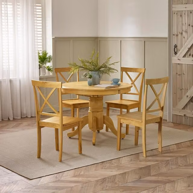 FurnitureboxUK Padstow Round Extending Rubberwood Dining Table and 6 Millford Chairs in Light Oak with Beige and Brown Upholstery – 1