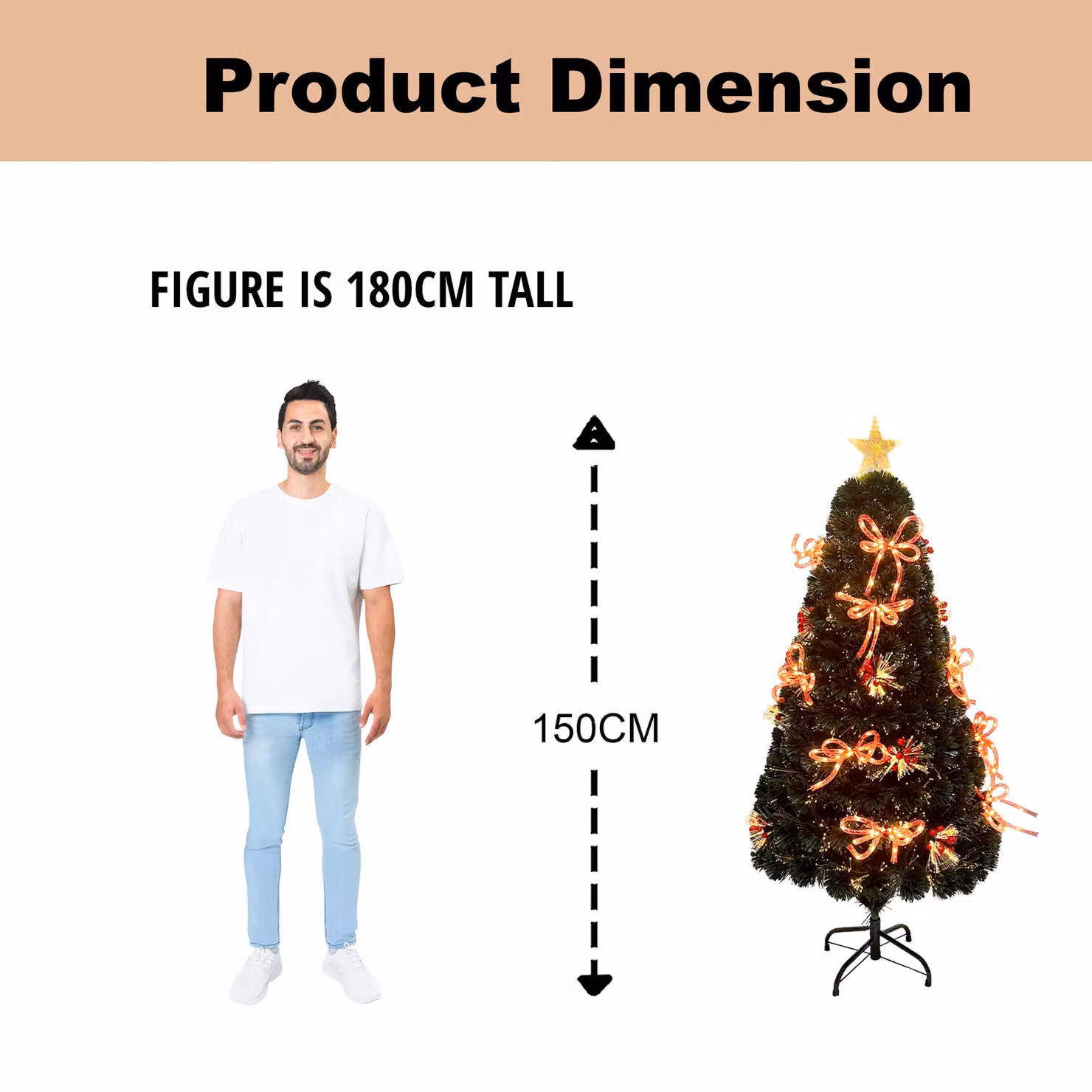 Shatchi Green Pre-Lit Artificial Christmas Tree with Fibre Optic Star Topper and Ribbon Bows, Height: 121.92 cm – 6