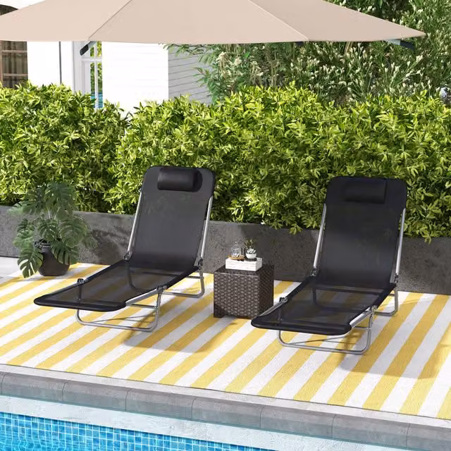 Outsunny Set of 2 Black Foldable Outdoor Sun Loungers with Adjustable Headrests and Textilene Fabric