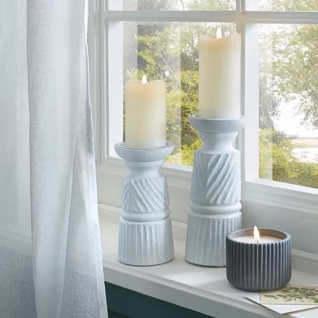 KDMK Large Carved Pillar Candle Holder, White Abstract Sculptural Tabletop Decor