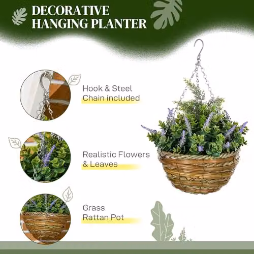 Outsunny Pack of 2 Artificial Lisianthus Flower Hanging Planter Baskets in Purple with Rattan Style Finish – 2