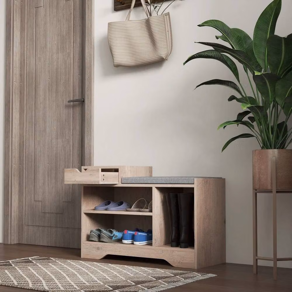 VOGREX Upholstered Entryway Shoe Bench with Storage Drawer in Beige, W/D/H: 135 x 30 x 52 cm – 5