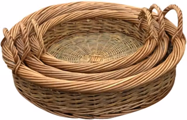 Red Hamper Set of 3 Round Wicker Willow Trays with Handles in Brown and Green