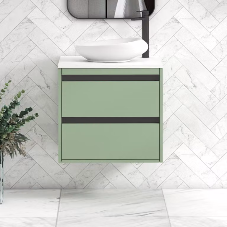 Royal Bathrooms Orion 600mm Wall Hung Vanity Unit with Nova Basin and Black Accent Trim in Mint Sage and White