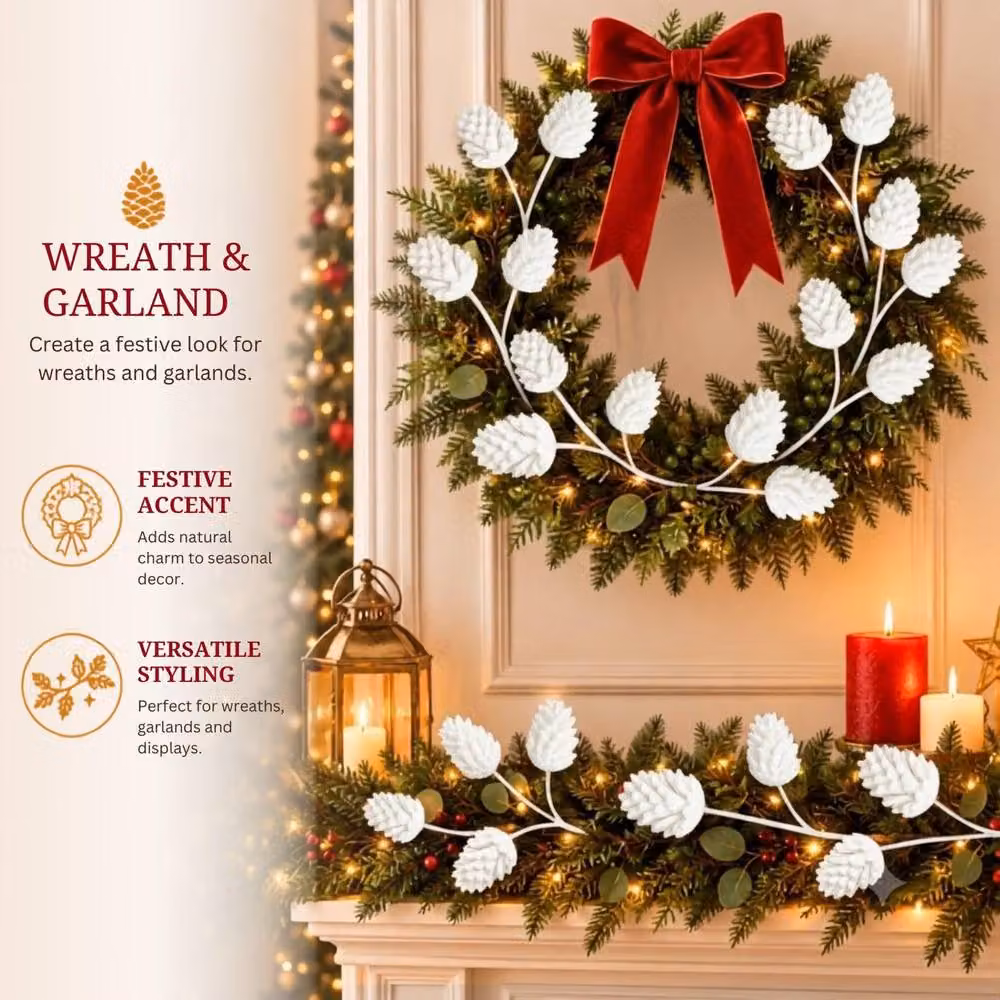 Shatchi Glitter White Pine Cone Christmas Picks, 12 Pack, Length: 58 cm – 6