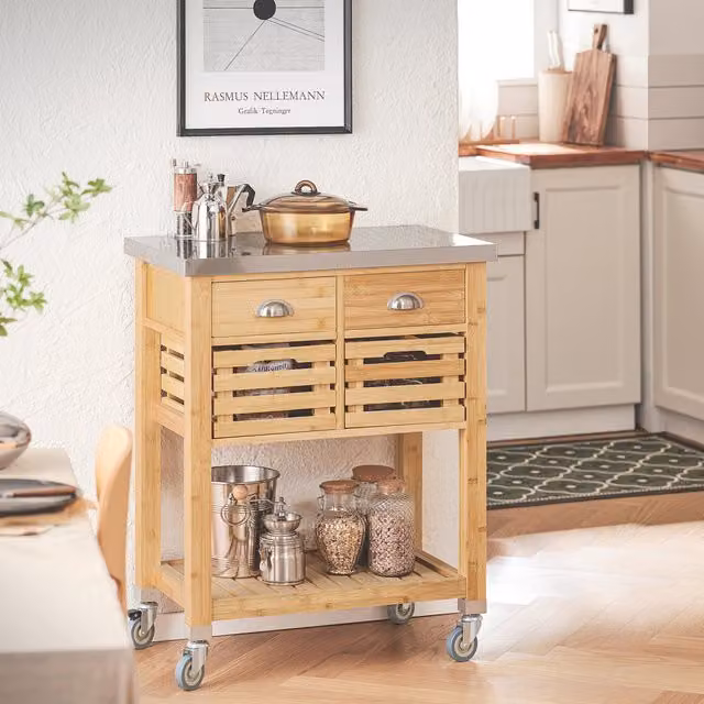 SoBuy Kitchen Serving Trolley in Brown Bamboo and Metal