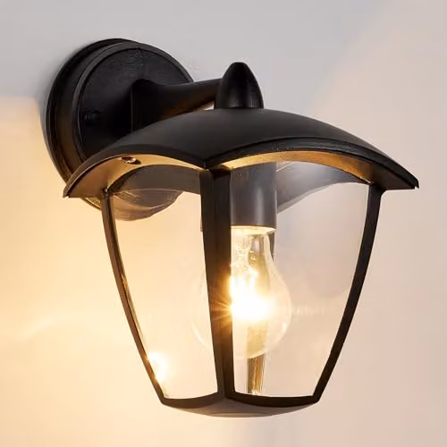 Harper Living Black Aluminium Outdoor Wall Lantern with Transparent Glass Shade, IP54 Weatherproof Vintage Security Light, E27 Mains Powered – 1