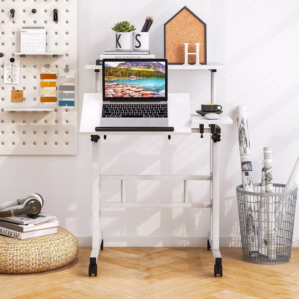 Costway Mobile Sit to Stand Computer Desk with Manual Crank and Castors, White – 2