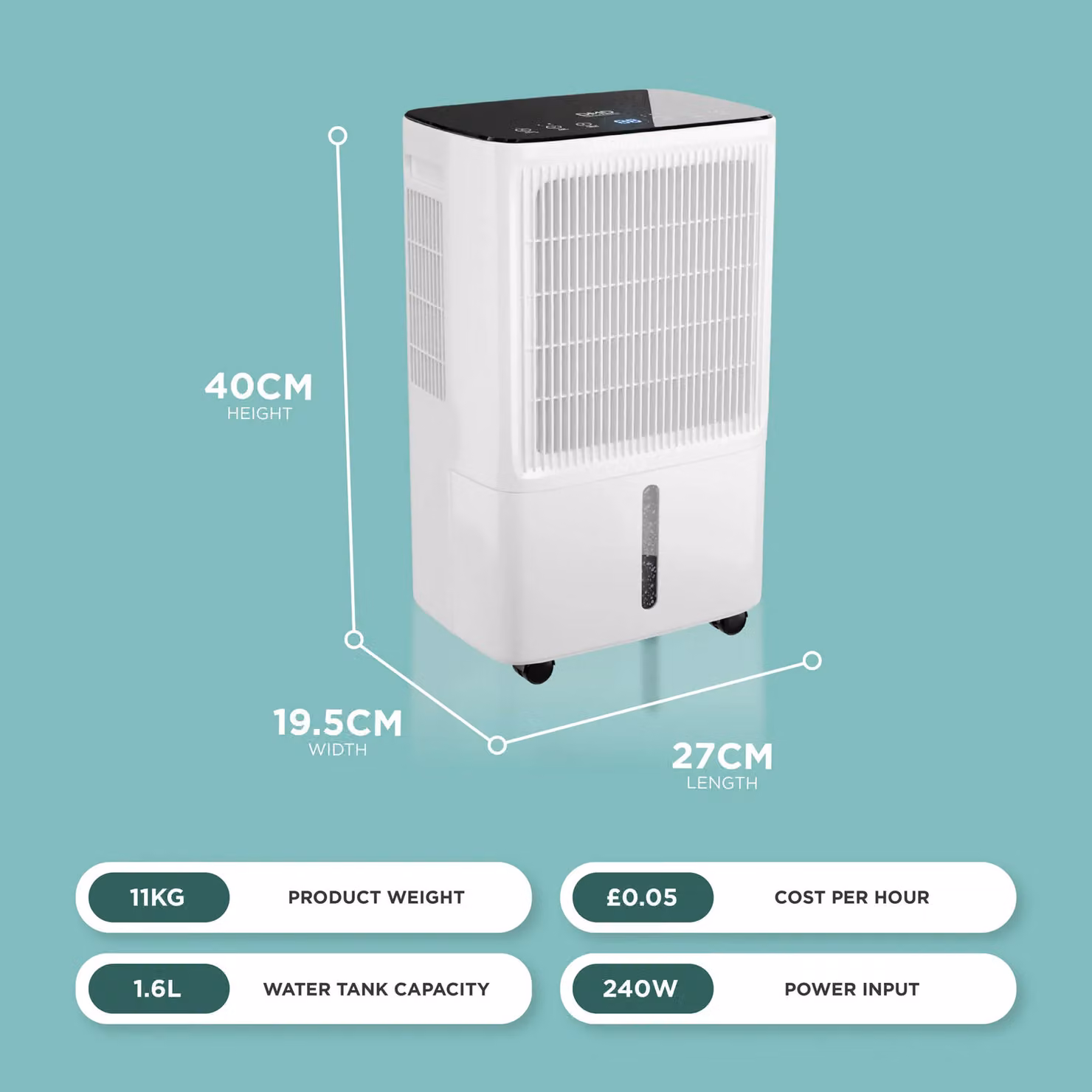 DMD Collective 16L/Day Compressor Dehumidifier with Digital Humidity Display, Timer and Continuous Drain, White – 2