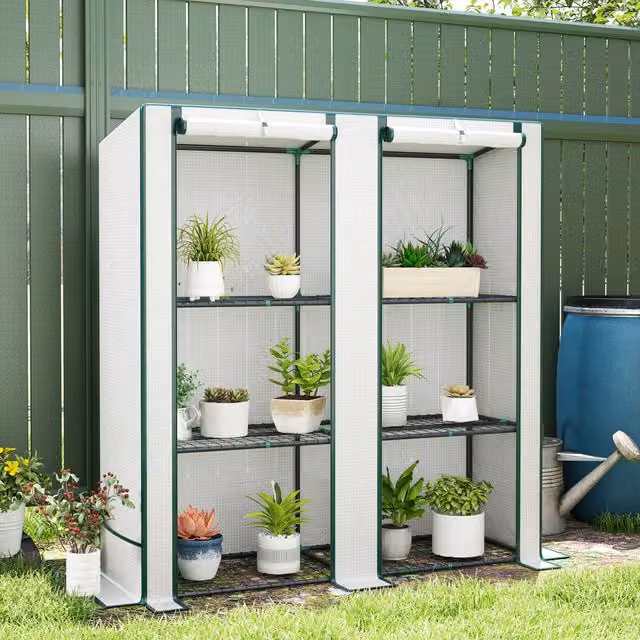 OUTSUNNY 3 Tier White Lean-to Mini Greenhouse with Green Hemmed Edging, H 152 x W 144 x D 48 cm
