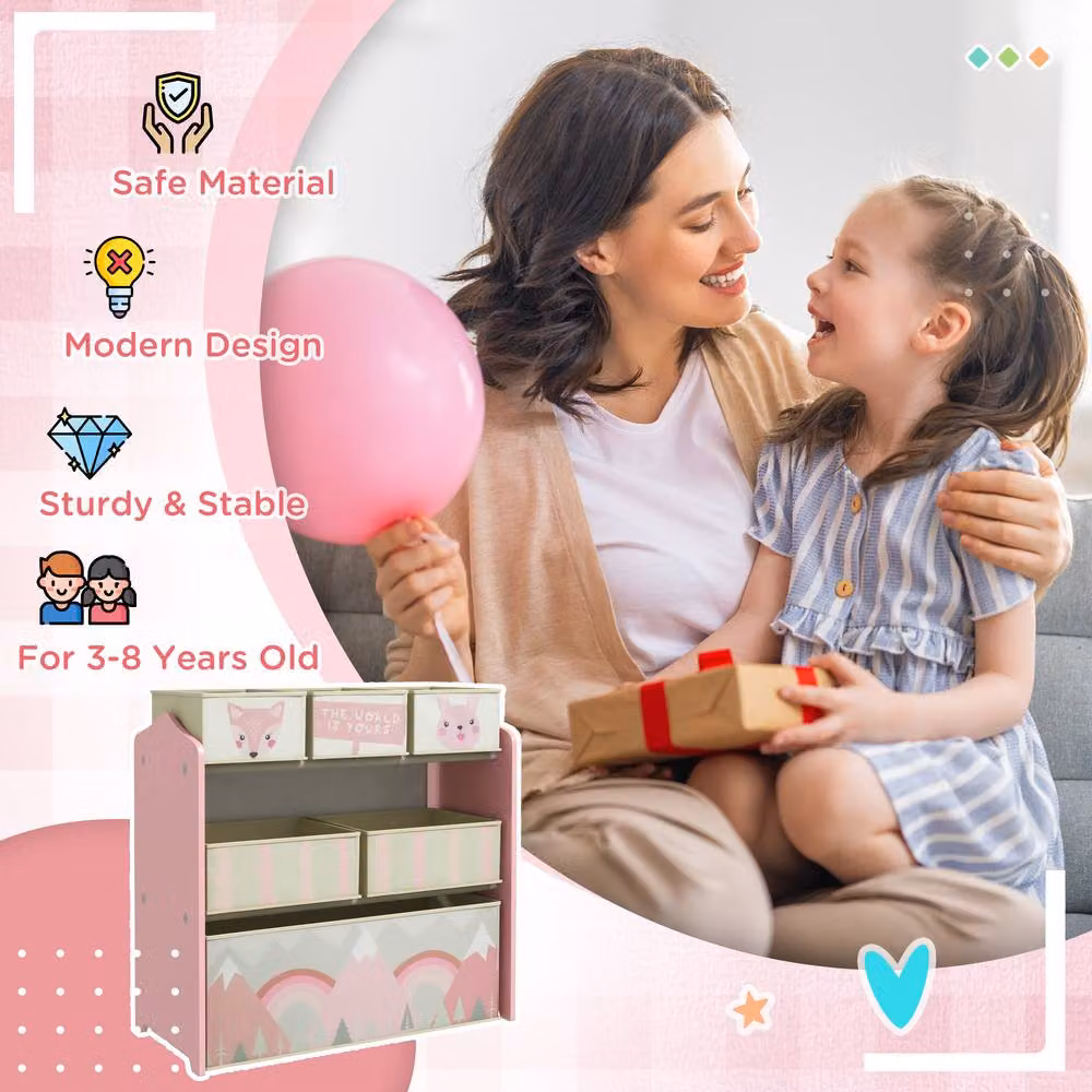 STILVORA Pink Toy Storage Organiser with 6 Fabric Bins, H 66.0 cm x W 63.0 cm x D 6.0 cm – 3