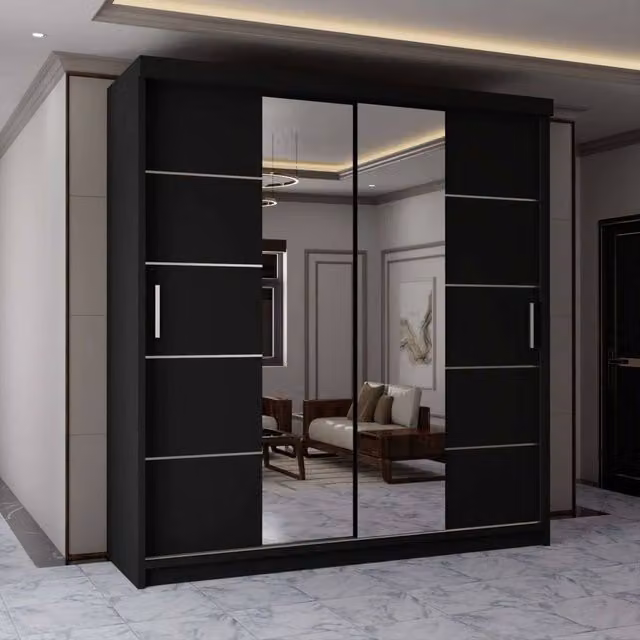 MN Furniture Modern Black Sliding Mirror Wardrobe Doors with Integrated LED Lighting, W/H: 180 x 217 cm