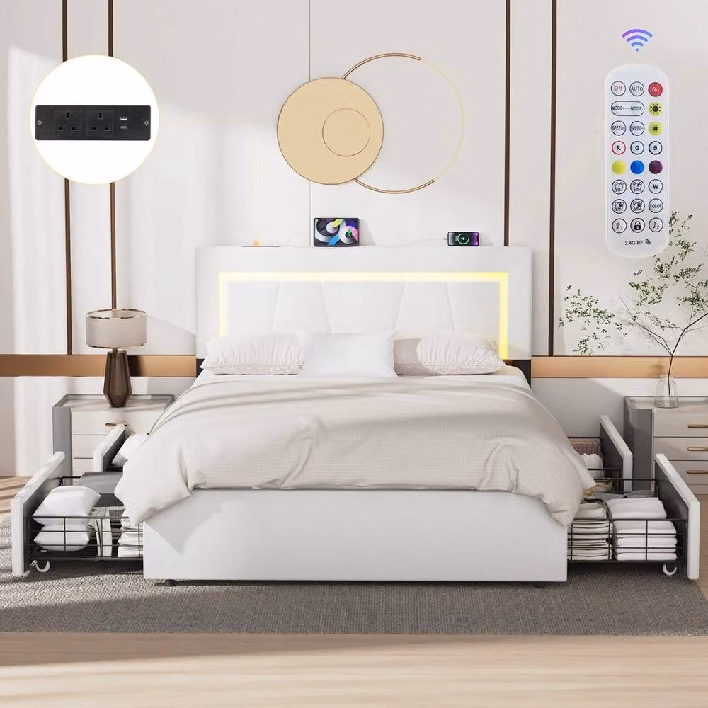 FORGEVIO Upholstered Storage Bed Frame with Drawers in White – 2
