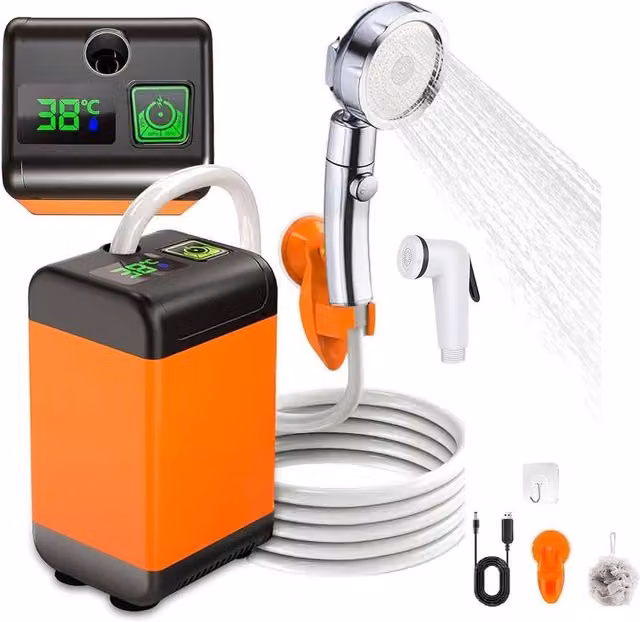 KORVIXA Portable Electric Rechargeable Camping Shower in Orange with 6000mAh Battery