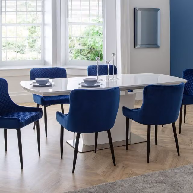 Julian Bowen Como White High Gloss Extendable Butterfly Leaf Dining Table and 6 Blue Luxe Chairs Set