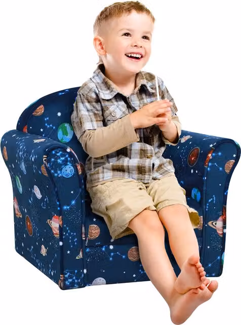 HOMCOM Kids Planet Theme Armchair in Blue with Solid Wood Frame and Armrests – 1