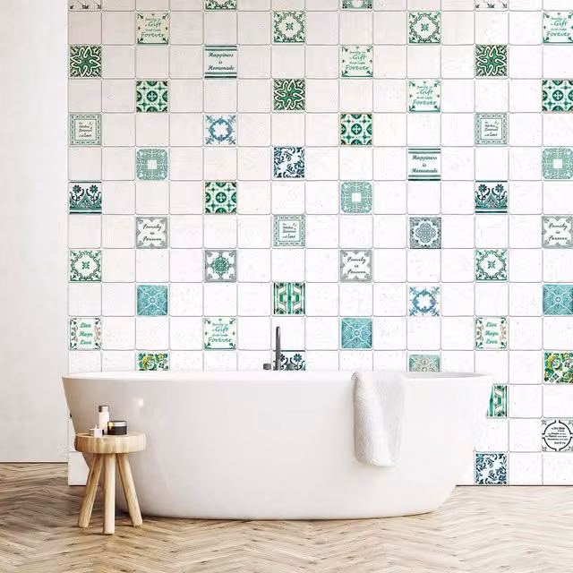 Walplus Tile Look Wall Sticker Decals in Green and White, 24 Pack, W: 10 cm x H: 10 cm