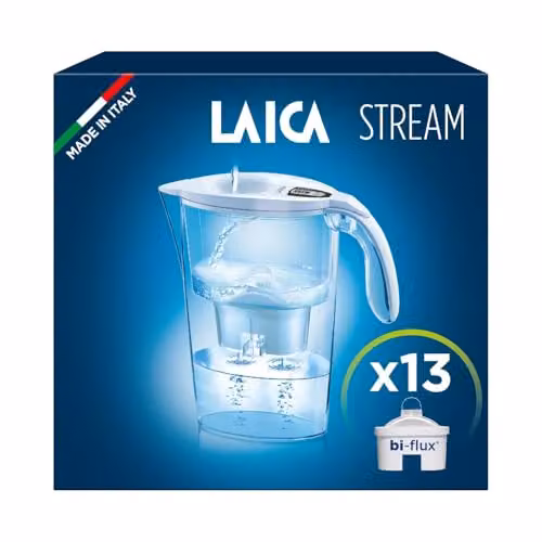 LAICA Stream Line Water Filter Jug and 13 Bi-flux Cartridges, White, 2.3 l – 1