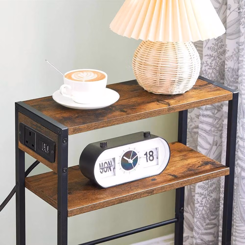 FORGEVIO 3 Tier Slim Charging Station Bedside Side Table in Brown Wood and Glass, W/D/H: 18 x 42 x 65 cm – 3