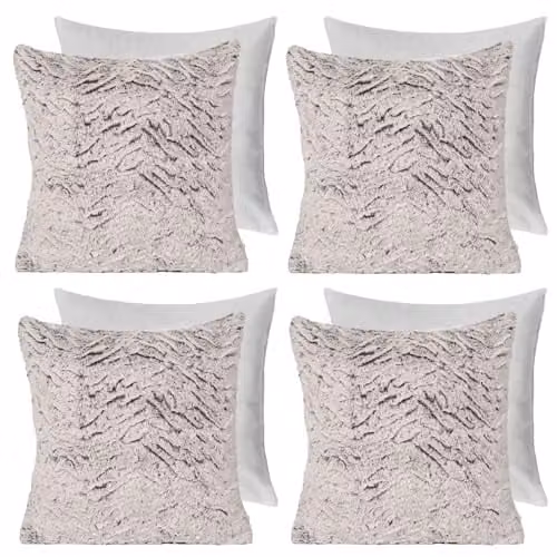 OHS Set of 4 Faux Fur Square Throw Pillows with Removable Covers, Natural, W/D/H: 45 x 45 x 45 cm – 1