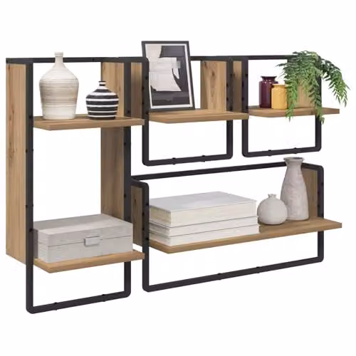 vidaXL Set of 4 Wall-Mounted Modern Shelves in Oak and Metal, Brown, W: 65 cm, D: 25 cm, H: 30 cm – 1