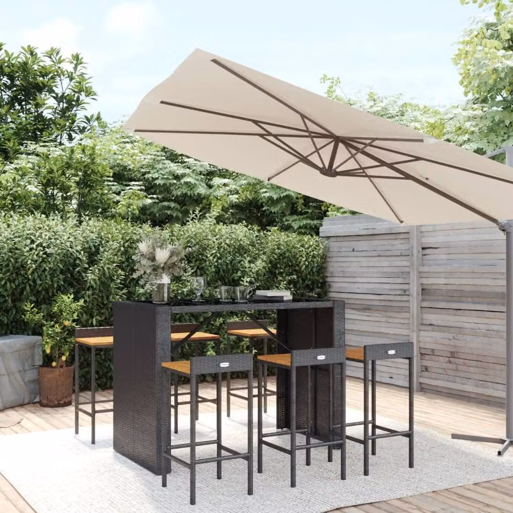 Berkfield Home Beautiful 7 Piece Black Poly Rattan and Solid Acacia Wood Garden Bar Set – 2