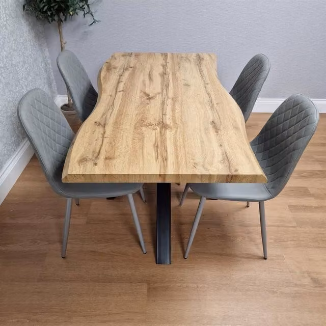 Kosy Koala Industrial Dining Set with Rectangular Wood Table and 4 Grey Gem Pattern Faux Leather Chairs in Brown, W/D/H: 160 x 80 x 75 cm