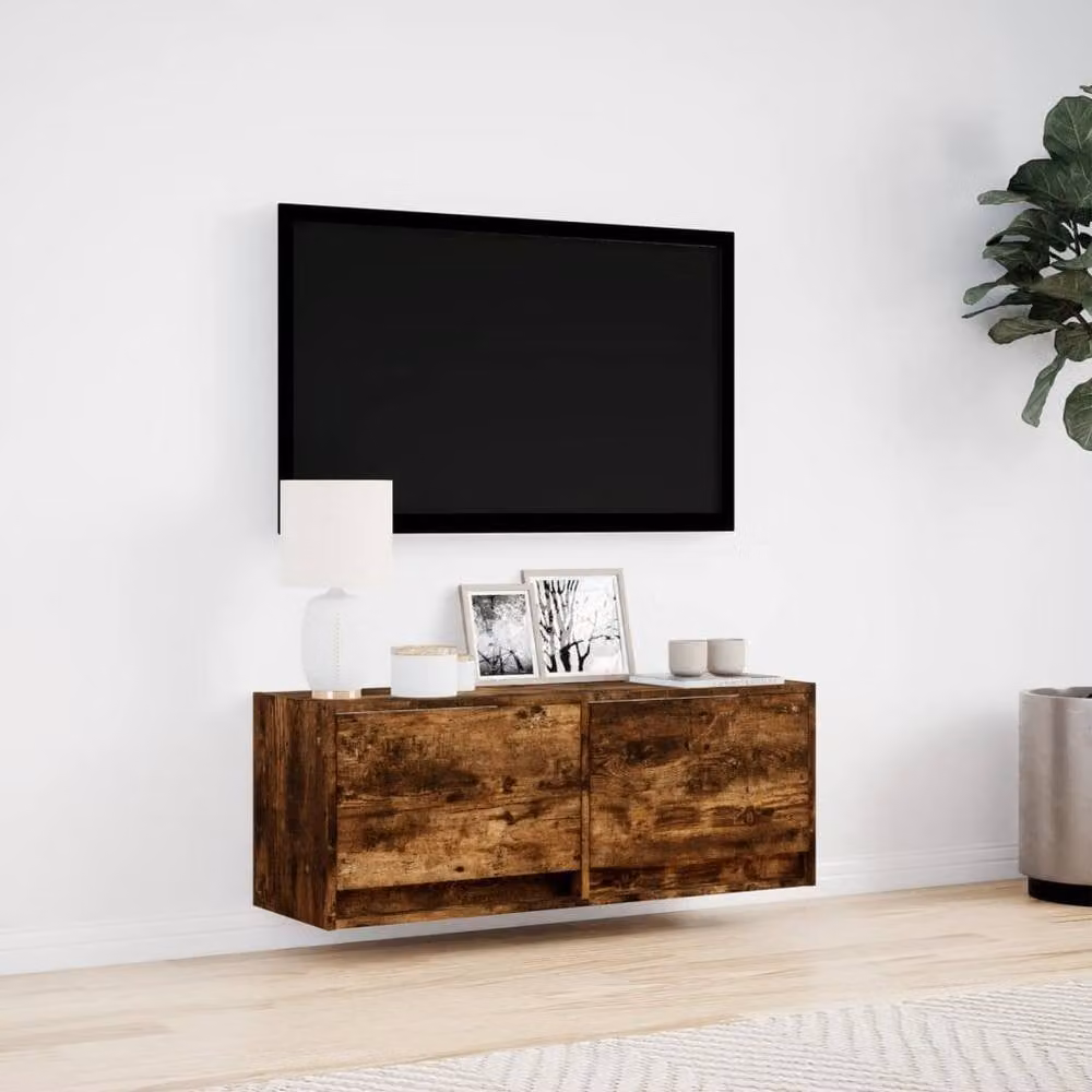 Berkfield Home TV Wall Cabinet with LED Lights in Smoked Oak Brown, W/D/H: 100 x 31 x 35 cm – 3