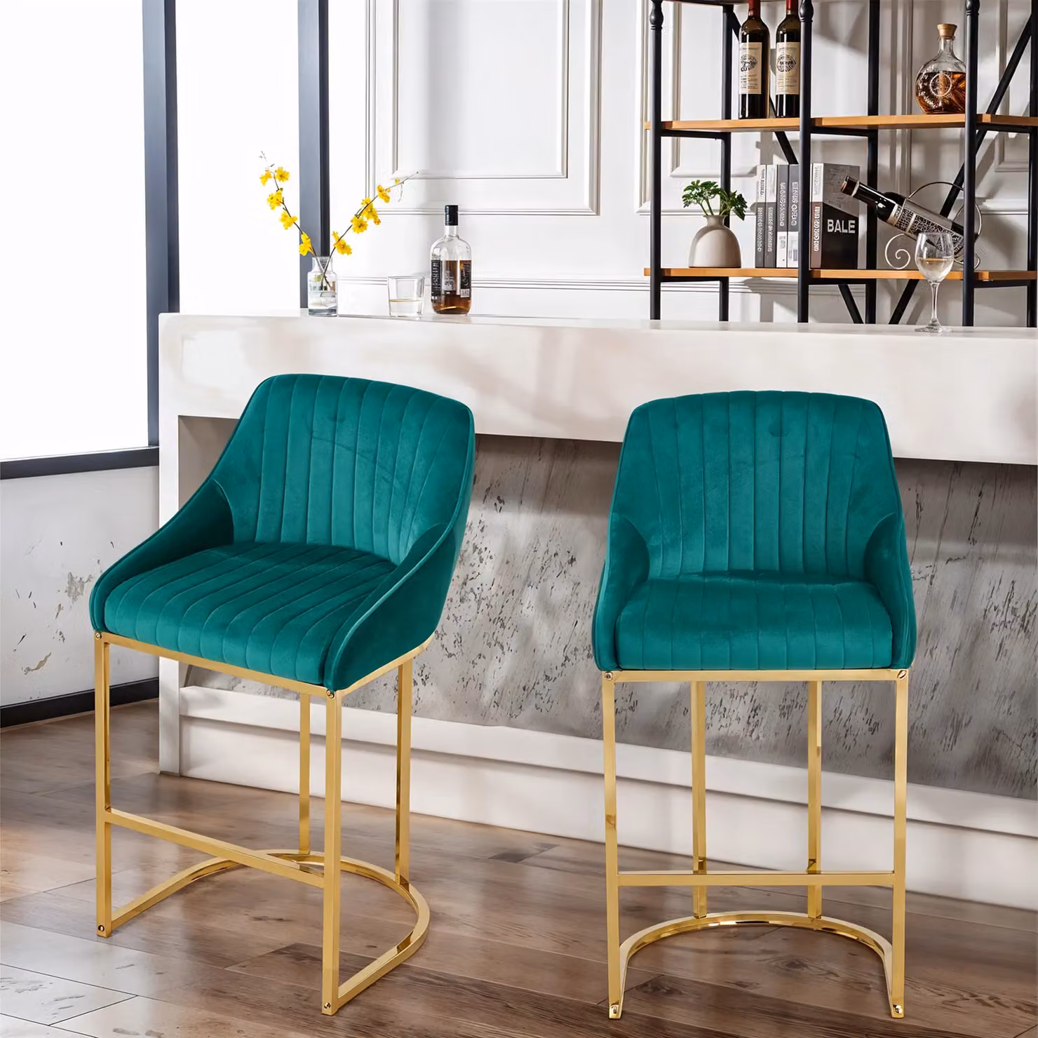 Living and Home Set of 2 Modern Green Velvet Upholstered Bar Stools with Metal Frames – 2