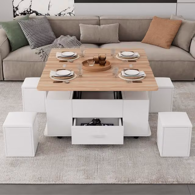 Aosom UK Extendable Coffee Table with Hydraulic Lift and 4 Hidden-Storage Stools, White and Natural, W: 100 cm, D: 50 cm, H: 45 cm