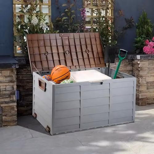 BARGAINS-GALORE Outdoor Garden Storage Box and Seat in Brown and Grey Plastic with Castors – 2