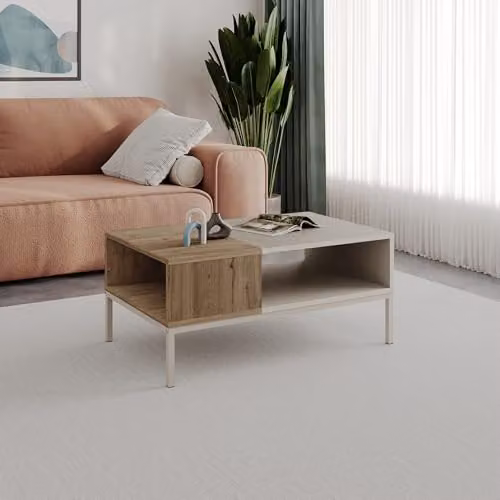 HOCUS PICUS Scandinavian Rectangular Coffee Table with Lift Mechanism in Sand and Oak – 1