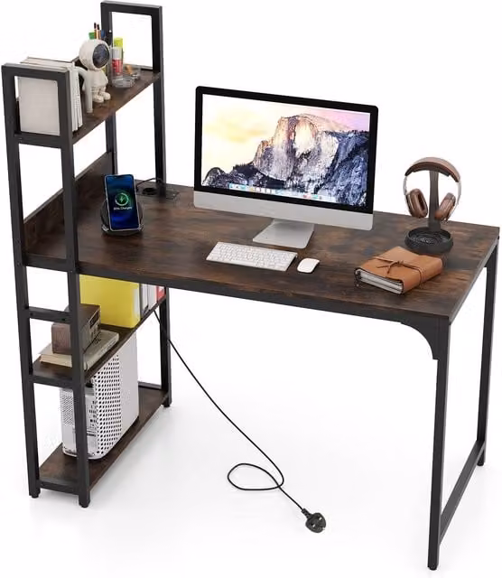 Gymax Industrial Brown Computer Desk with Power Outlets and Shelves – 1