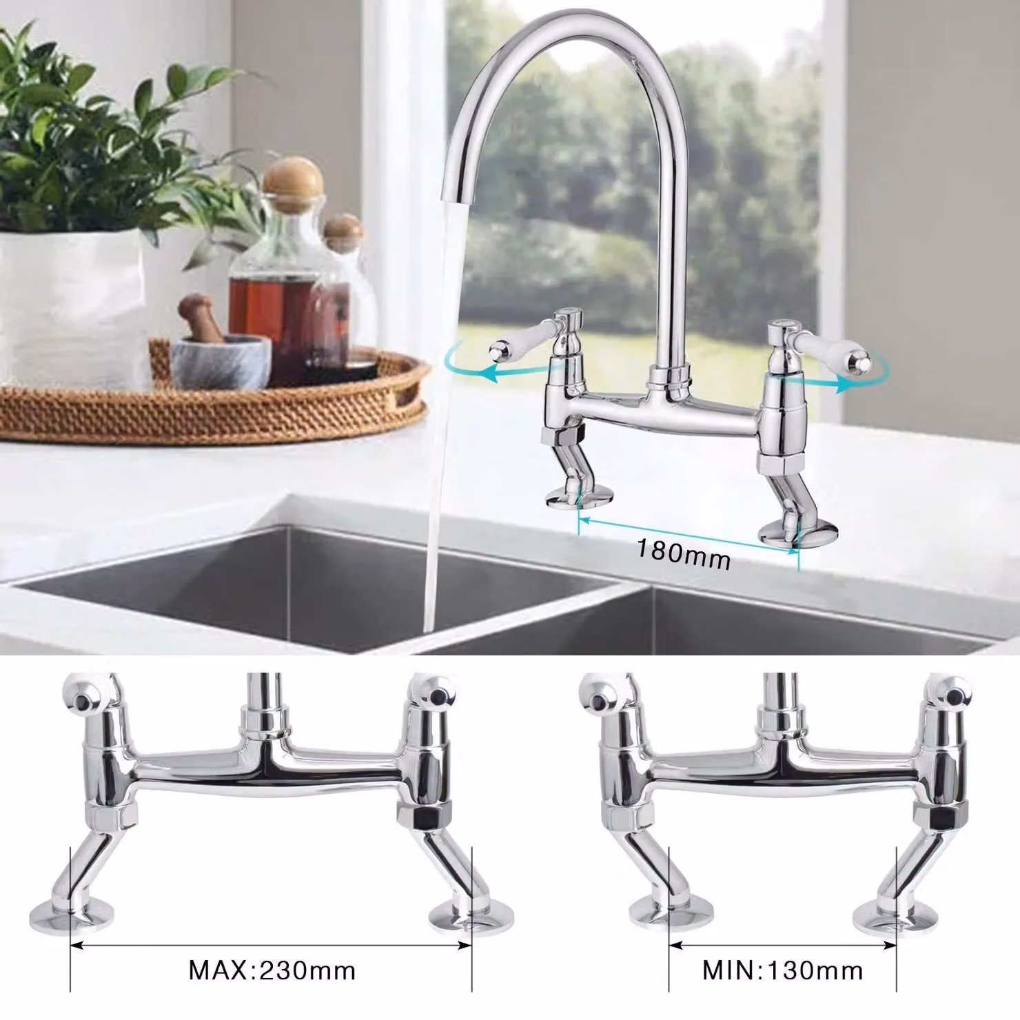 JASSFERRY Traditional Two-Handle Bridge Kitchen Mixer Tap with White Ceramic Levers in Chrome and Silver – 3