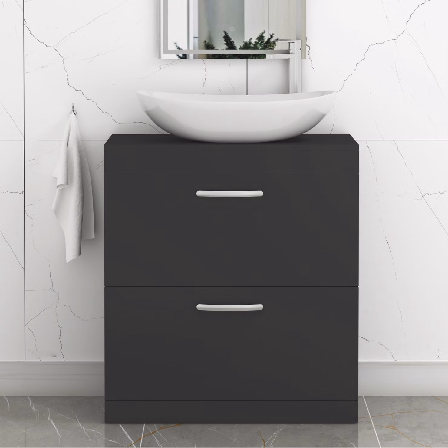 Royal Bathrooms Turin 600mm Floor Standing 2 Drawer Vanity Unit with Countertop Basin in Matt Black