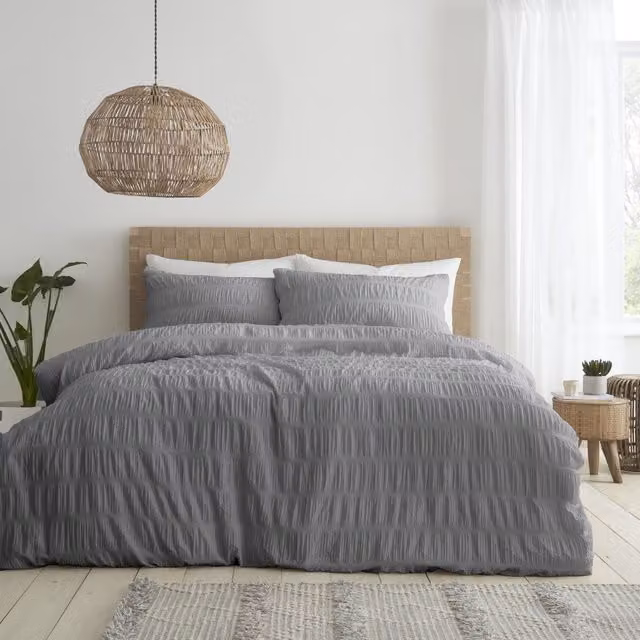 Catherine Lansfield Grey Striped Seersucker Cotton and Polyester Duvet Cover Set