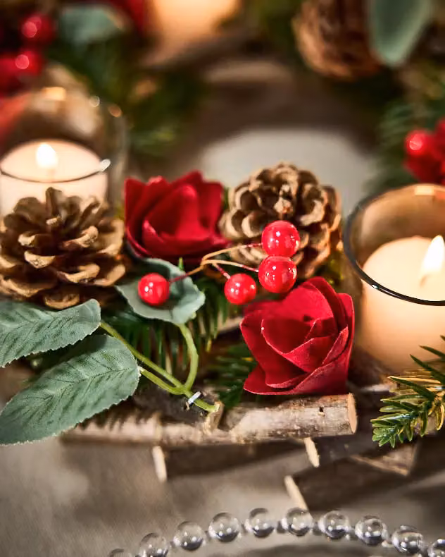 Dibor Set of 2 Red Christmas Rose Table Centrepiece Tealight Candle Holders, 30 cm – 5