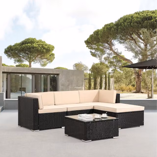 AREBOS Modern Polyrattan Garden Furniture Set in Black with Metal and Glass Details