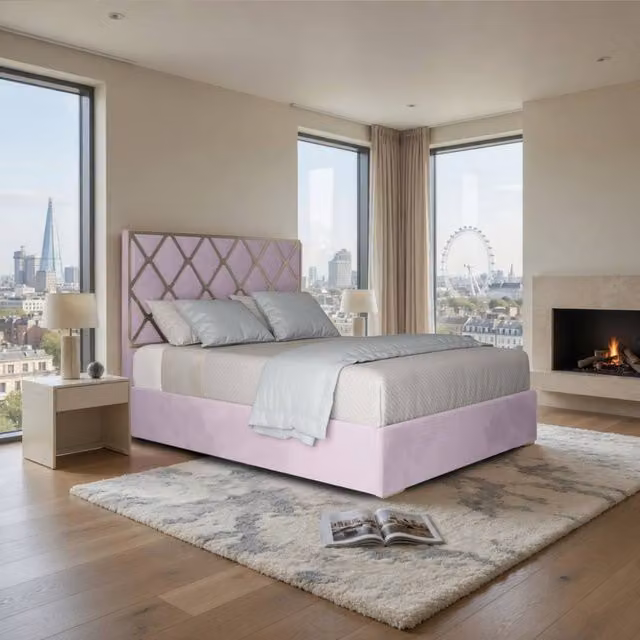 KDMD Tredington Small Double Upholstered Soft Velvet Bed Frame in Pink with Metal Details, W/D/H: 120 x 127 x 128 cm – 1
