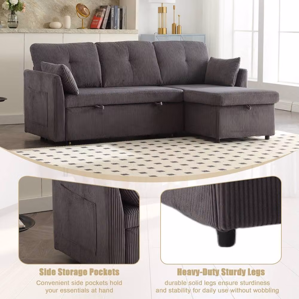 Direct Wicker Grey L-Shape 3-in-1 Convertible Sofa with Storage and Pull-Out Bed, W/D/H: 206 x 150 x 88 cm – 3