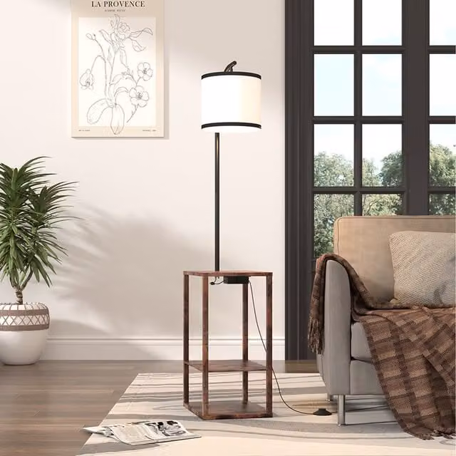 Lifeideas Modern Floor Lamp with Wood Shelving Base in Brown and Black