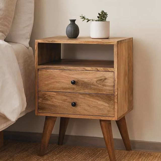 Aosom UK Brown Mango Wood Bedside Table with 2 Drawers and Open Shelf, W/D/H: 45 x 35 x 60 cm