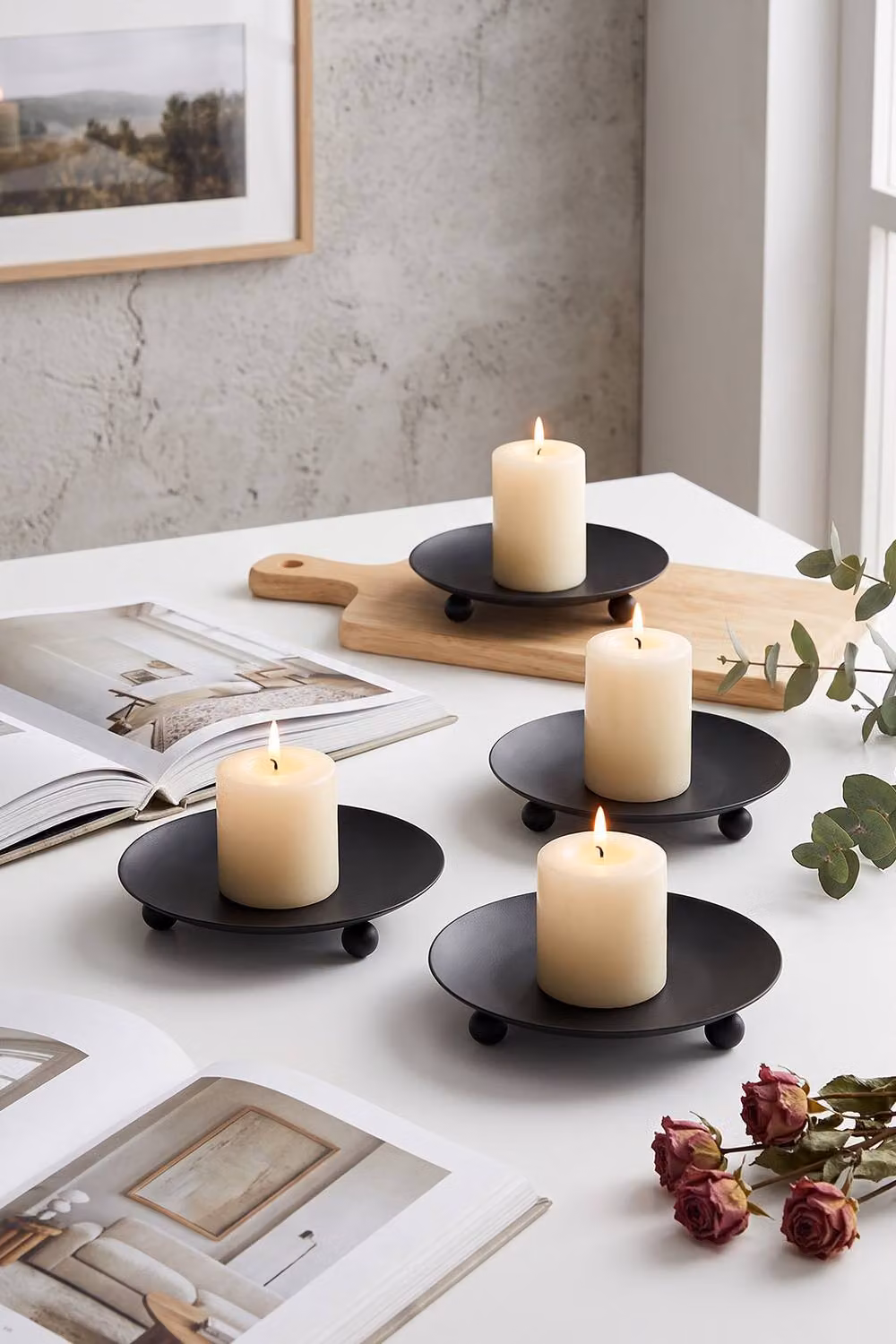 Living and Home Set of 4 Black Iron Pillar Candle Holders – 3