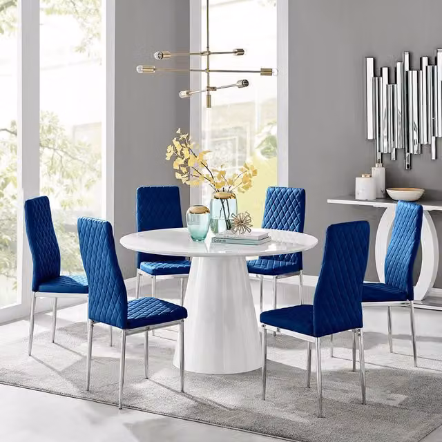 FurnitureboxUK Palma White High Gloss Round Dining Table and 6 Navy Velvet Milan Chairs