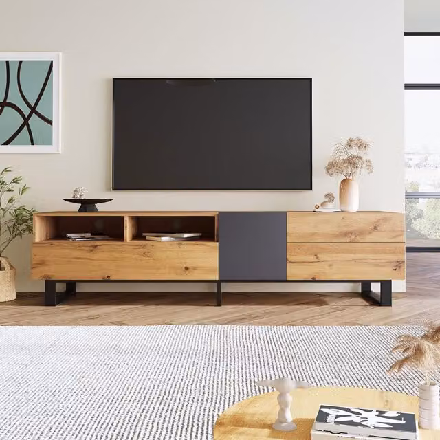 Aosom Modern Wooden TV Unit with Storage Compartments and Shelf in Natural Grain Finish, W: 180 cm, D: 50 cm, H: 38 cm – 1